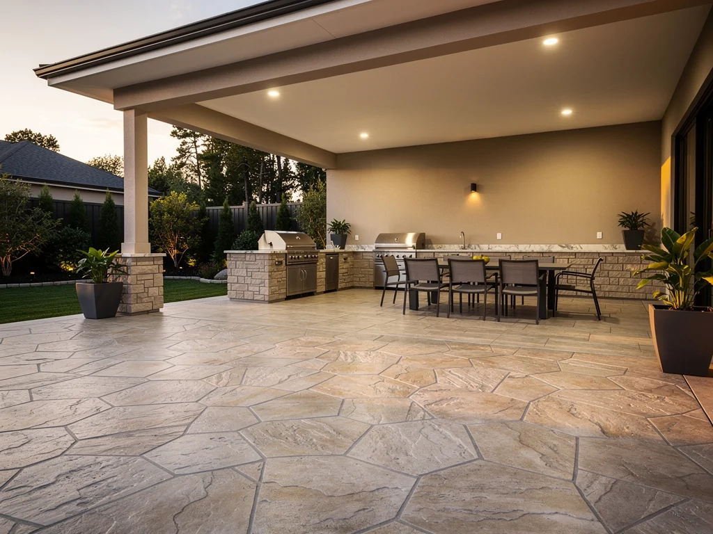 Stamped concrete patio with sealed finish at backyard in Conroe TX