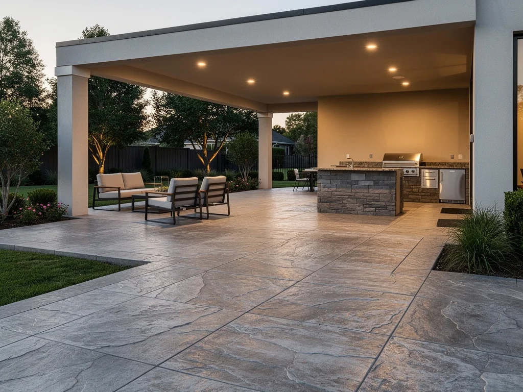 Stamped concrete patio with sealed finish at backyard in Cypress TX