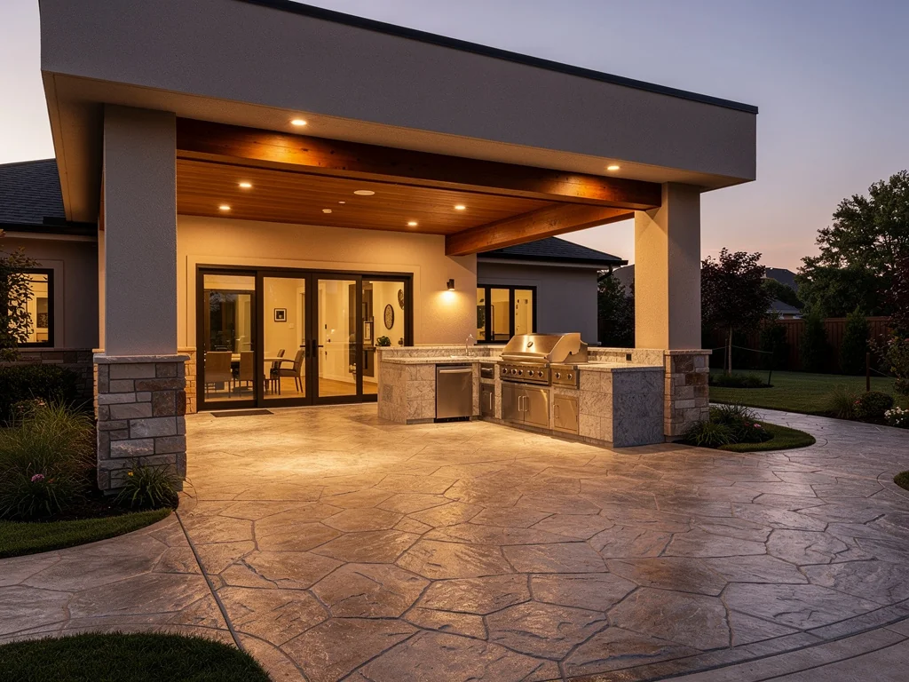 Stamped concrete patio with sealed finish at backyard in Magnolia TX