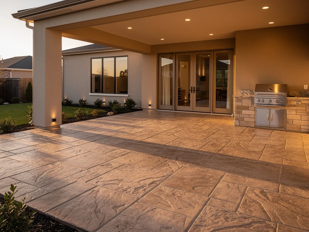 Stamped concrete patio with sealed finish at backyard in Spring TX