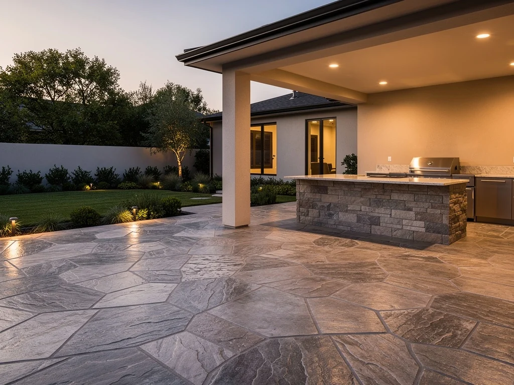 Stamped concrete patio with sealed finish at backyard in Tomball TX