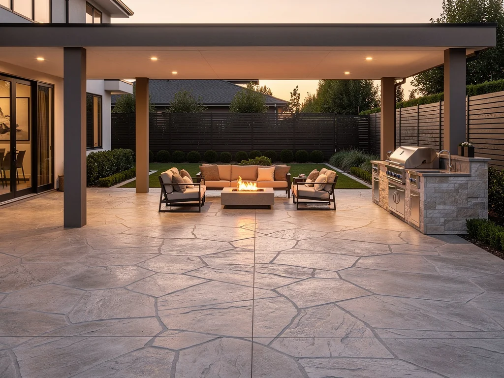 Stamped concrete patio with sealed finish at backyard in The Woodlands TX
