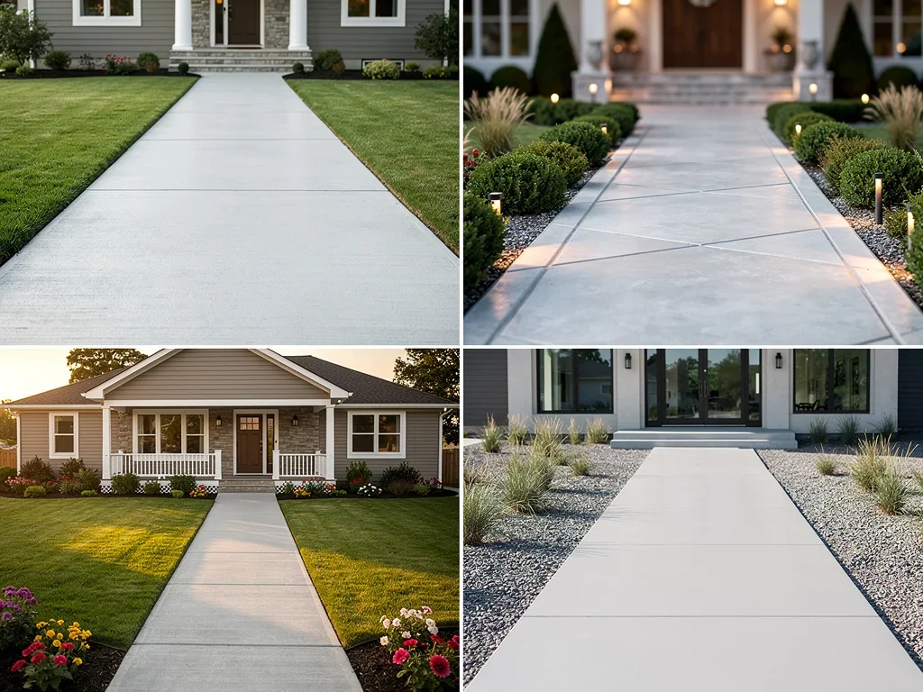 Newly poured concrete sidewalk and walkway with broom finish connecting driveway to front entry in Tomball TX